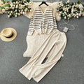 Korean style chic casual two-piece set for women - autumn/winter loose v-neck striped knit top + elastic waist flowy trousers