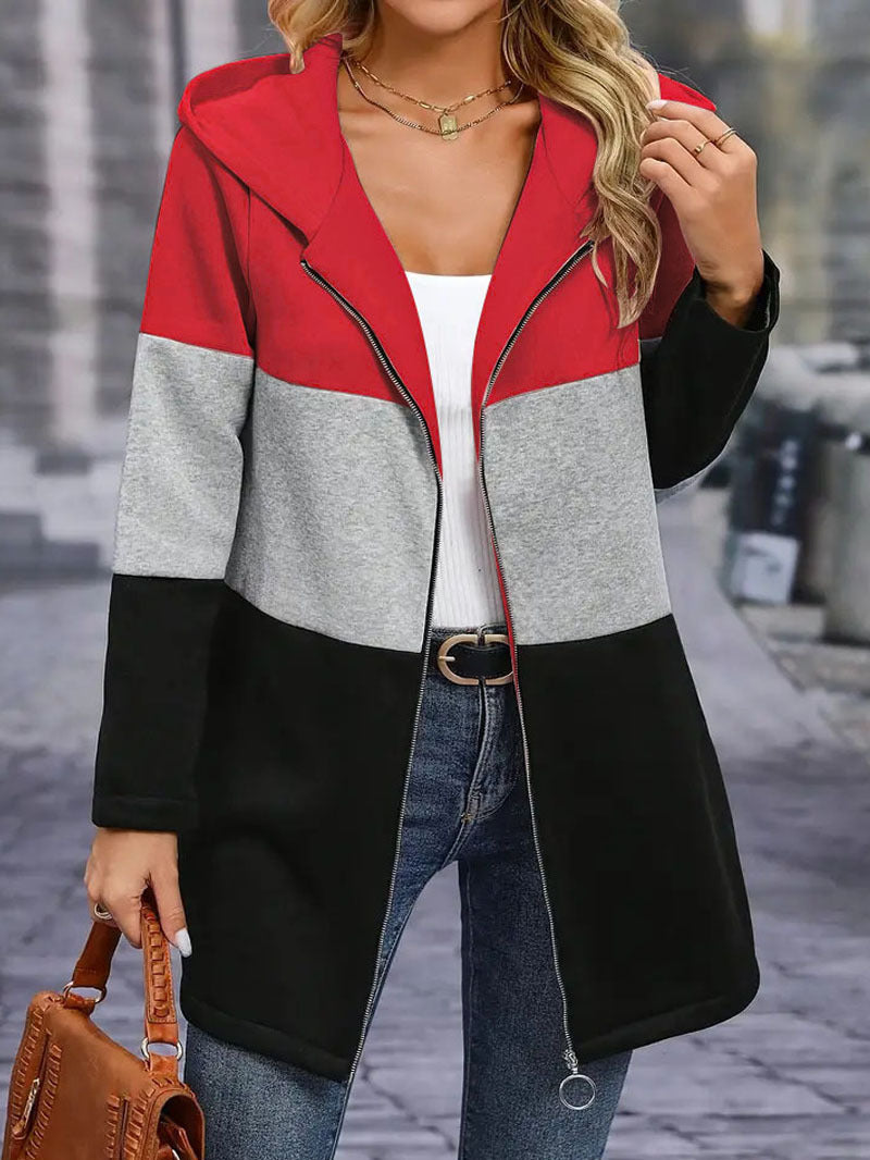 European and american autumn/winter  cross-border women's casual fashion loose color block three-color patchwork hoodie jacket