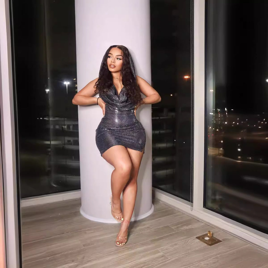 2023 Cross-border European and American sexy wind flash sexy pocket collar neck hooded hollow hip wrap party dress