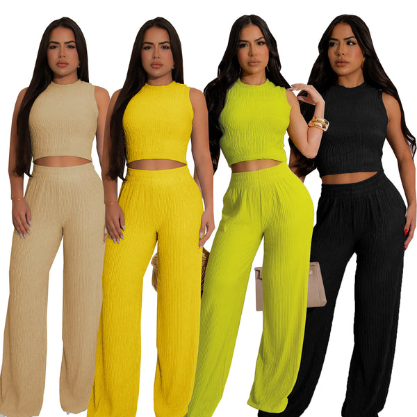 TW685-1 Cross-border supply Summer fashion casual suit women's European and American high-elastic knitted pit strip wide-leg pants two-piece set