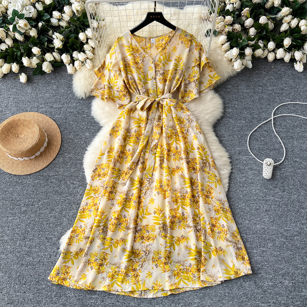 Gentle style female niche styleretro tea break v neck bell sleeves tie back waist slimming look a-line large swing floral dress for women