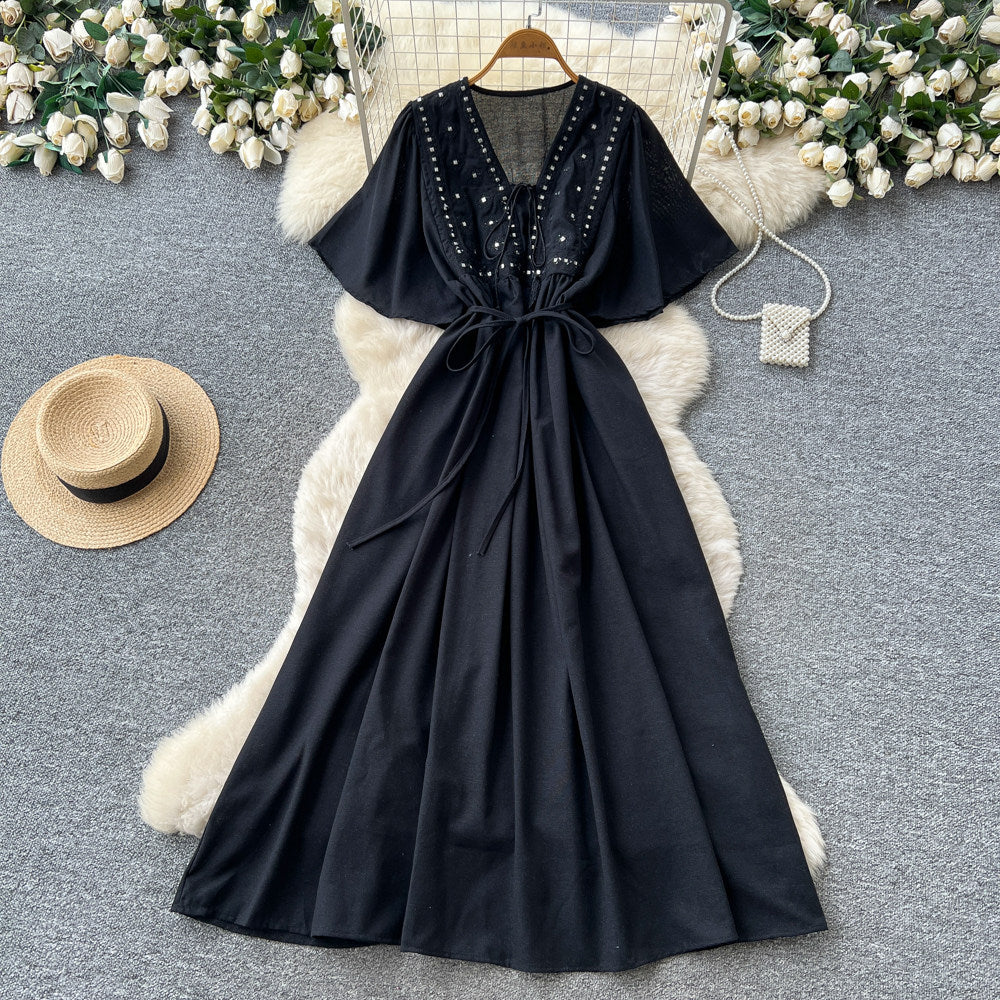 French-style embroidered v-neck dress - women's summer korean style short sleeve slimming a-line maxi dress - vacation ready