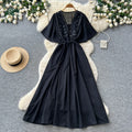 French-style embroidered v-neck dress - women's summer korean style short sleeve slimming a-line maxi dress - vacation ready