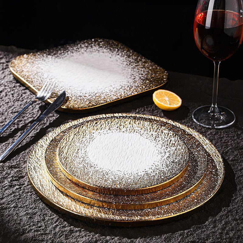 Minimalist gold matte western dinner plate - hotel & restaurant steak serving dish - stone texture square/round ceramic flat plate