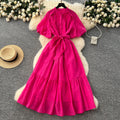 French fashion stand collar lantern sleeve tie-waist dress - slimming, elegant, sparkling ruffle hem maxi dress
