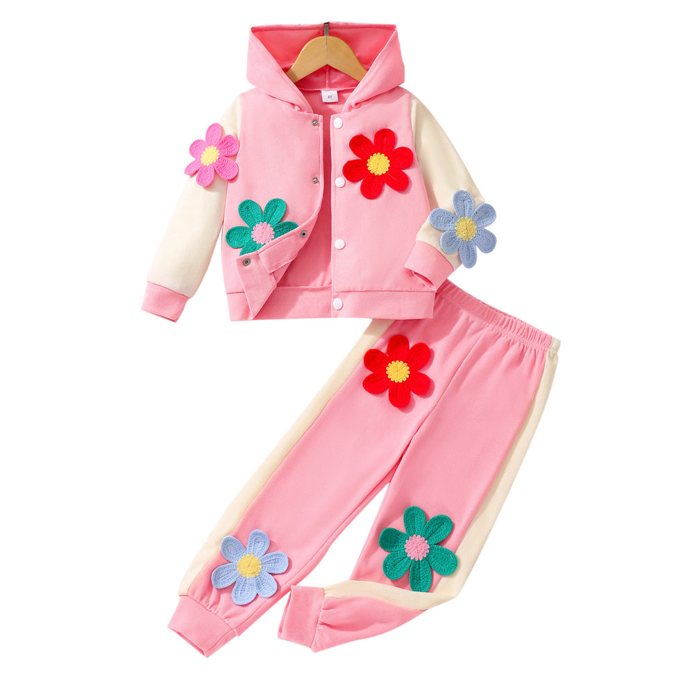 Two-piece set for young girls (elementary school age): 3d floral patchwork hooded long-sleeve sweatshirt set