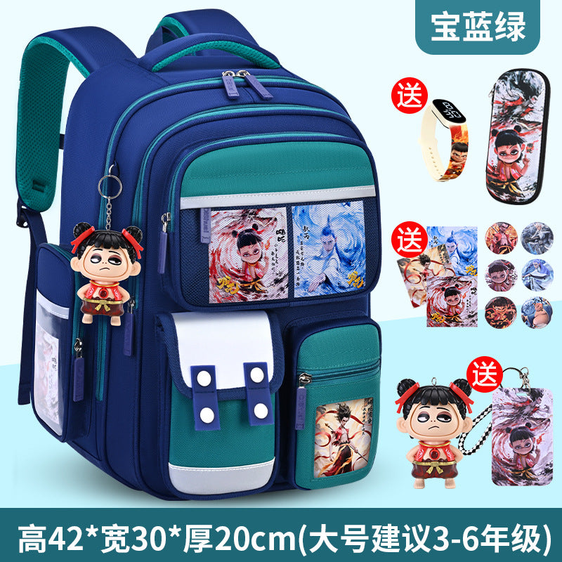 New nezha backpack for boys and girls, grades 1-6: spine protection, lightweight design, and extra-large capacity
