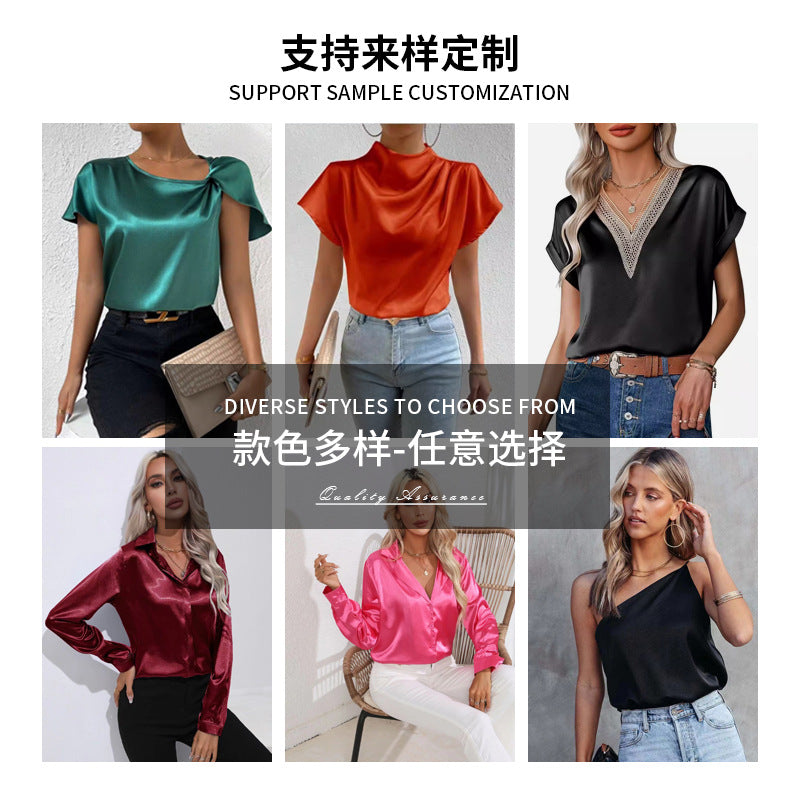 popular European and American  women's clothing solid color satin short-sleeved, shoulder stand-up collar short-sleeved shirt satin shirt