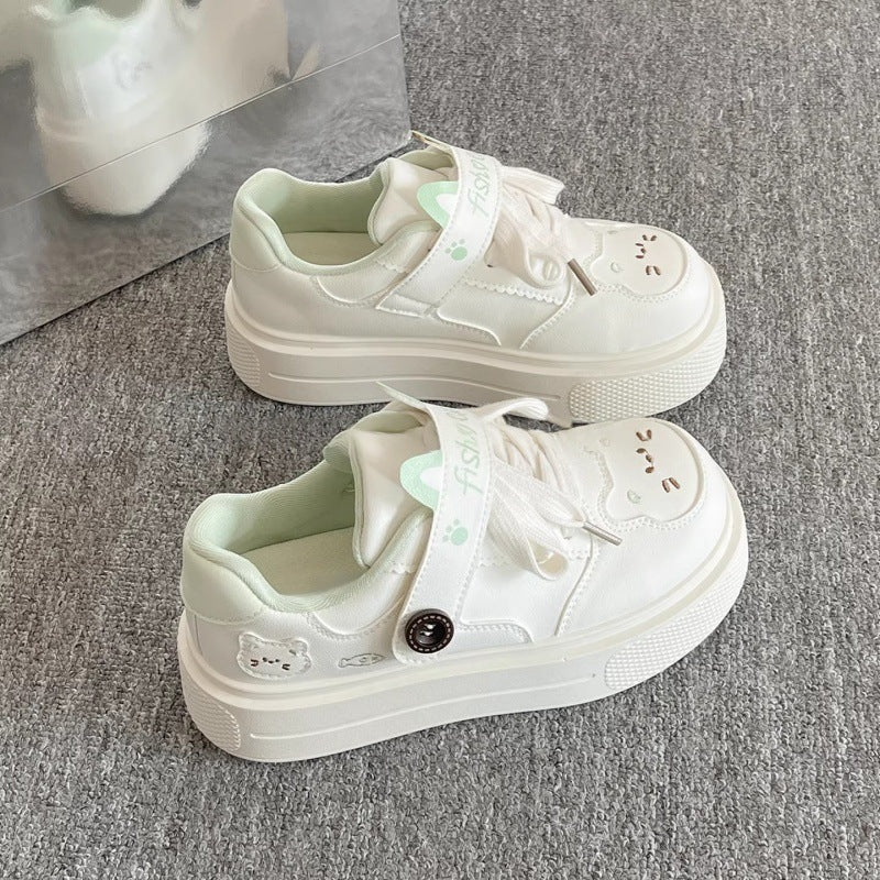 Chunky platform white sneakers - 2026 spring new arrival: cute puppy design, hook-and-loop closure, versatile height-boosting casual sneakers for students