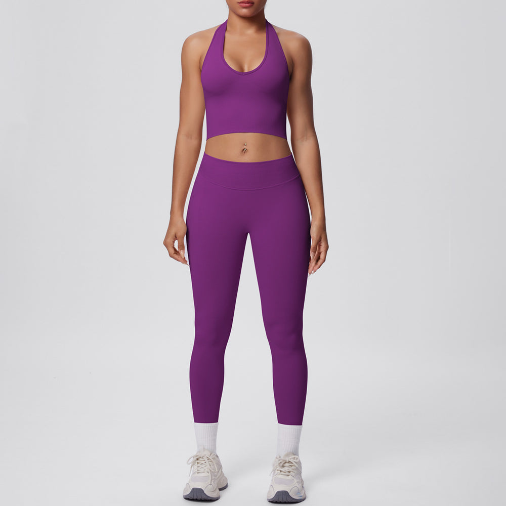 fashion seamless halter neck back yoga suit running sports fitness yoga suit two-piece set for women