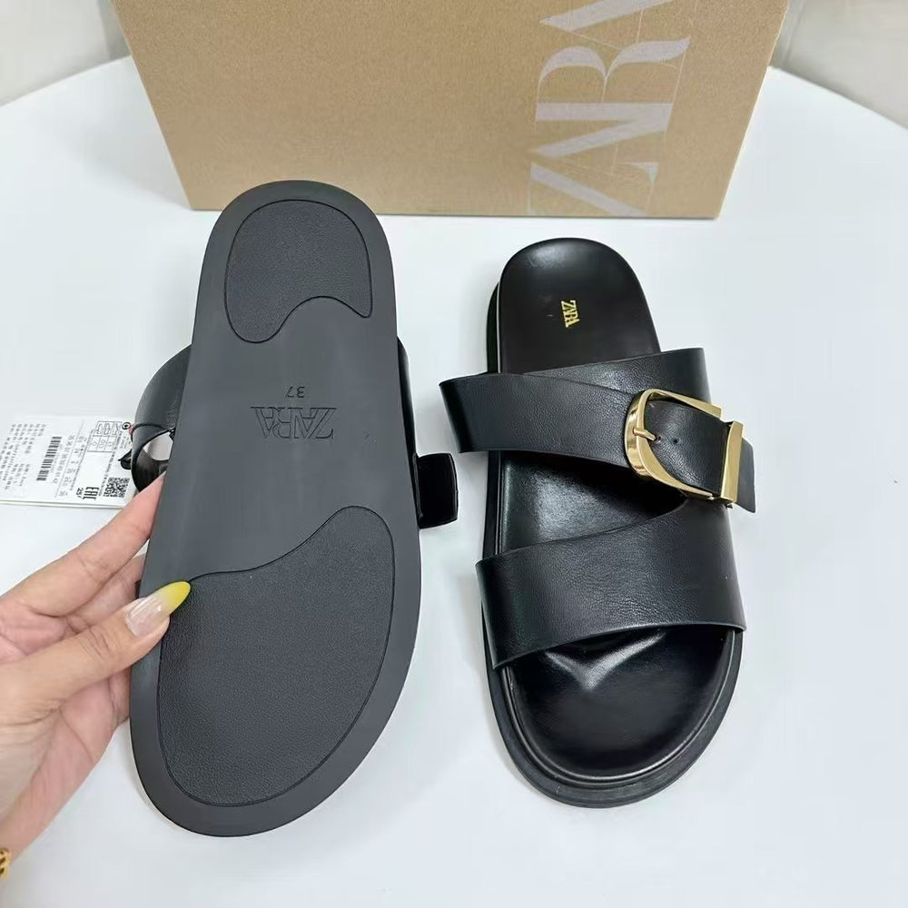 Za summer cross-border metal square buckle slippers - casual, versatile, round toe, thick sole women's slippers
