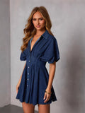 European and american new arrival cross-border  independent station elegant waist-defining women's denim short-sleeve fashion dress