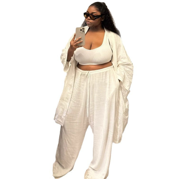 European and American large size new cardigan long shirt top women's African women's casual trousers solid color fashion two-piece set