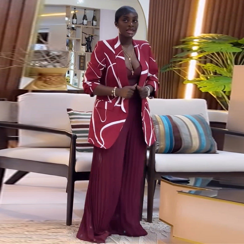 European and american women's clothing  autumn new collection: sweet and fresh printed long-sleeve blazer and pleated wide-leg pants two-piece set