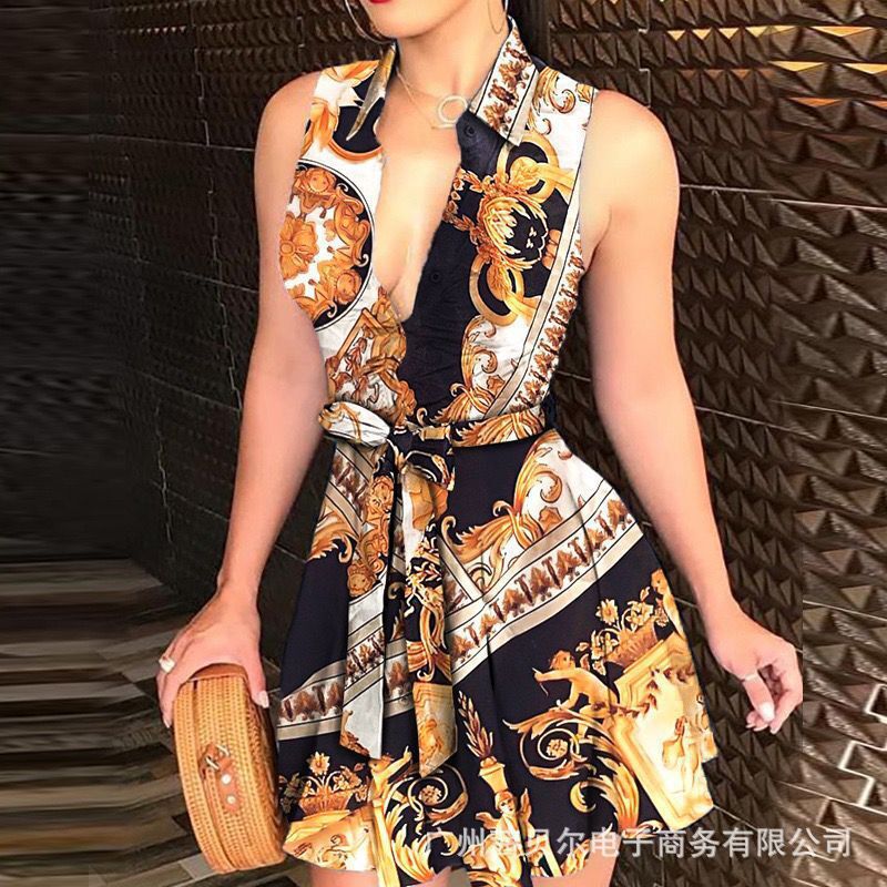 summer new arrival: cross-border women's fashion hot seller - v-neck tie-up sexy printed dress