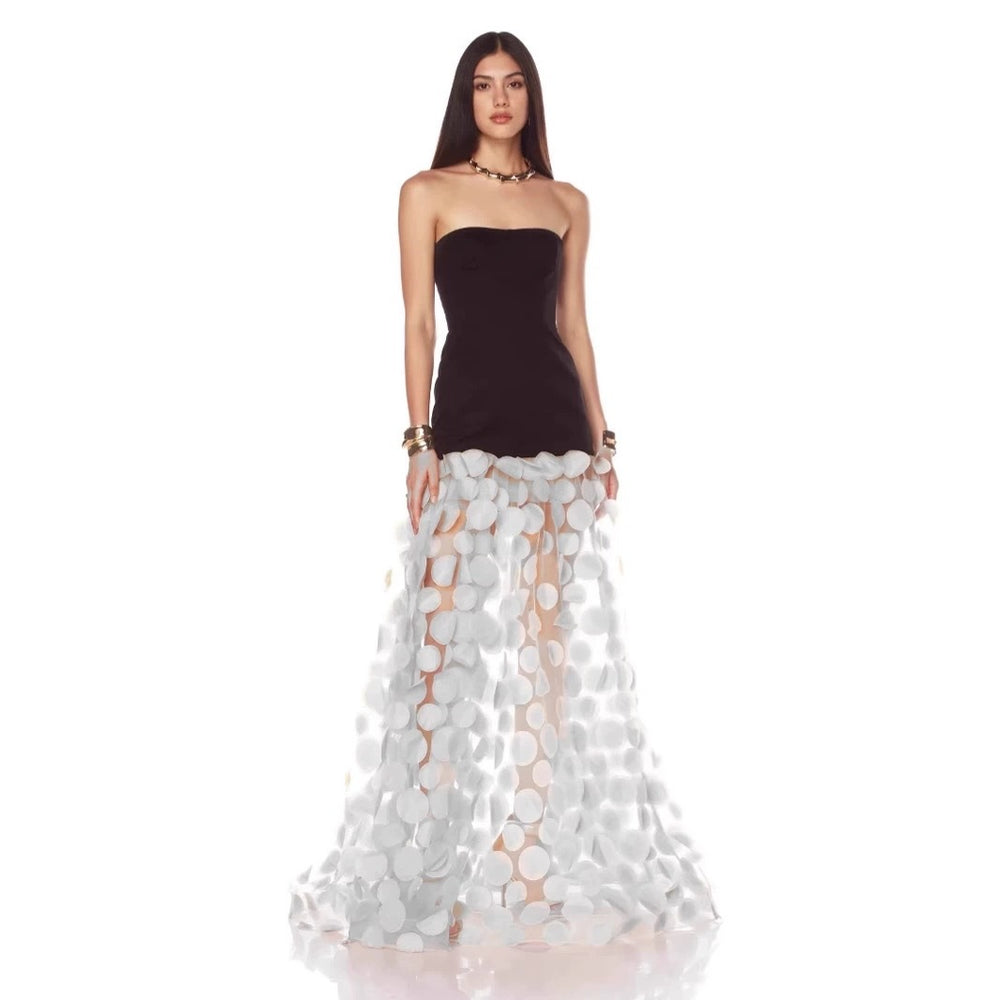 export women's summer new sexy bandeau backless dress - black and white 3d polka dot maxi flared skirt