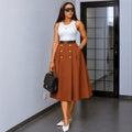 European and american cross-border women's fashion:  summer new arrival - elegant commute high-waisted slimming solid color double-breasted a-line midi skirt
