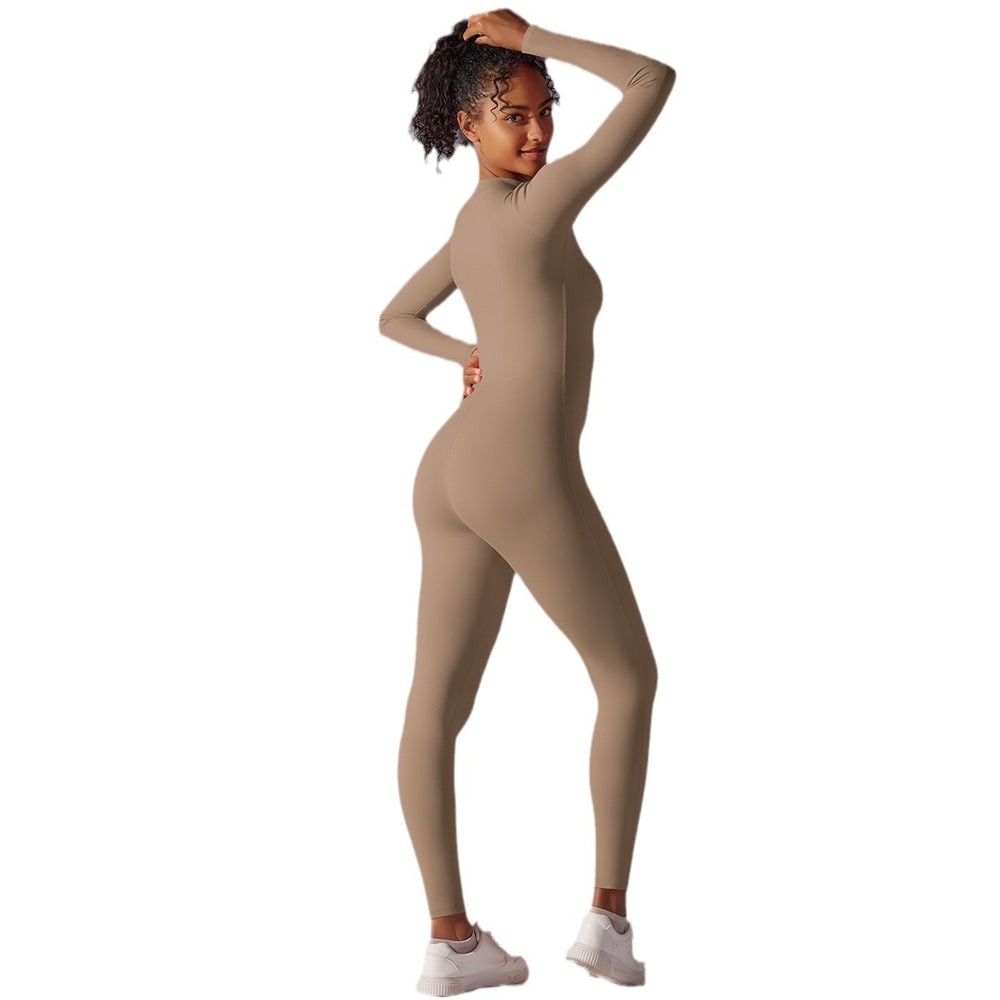 New arrival brushed nude long jumpsuit soft comfortable shapewear long sleeves yoga wear half-open zipper fitness wear