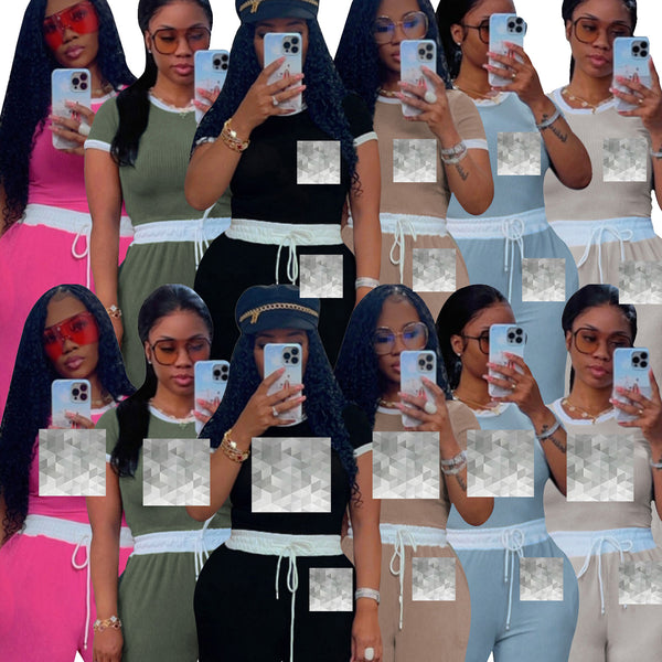 M3152G  European and American women's clothing casual street daily rib contrasting color round neck short-sleeved pants set of two pieces