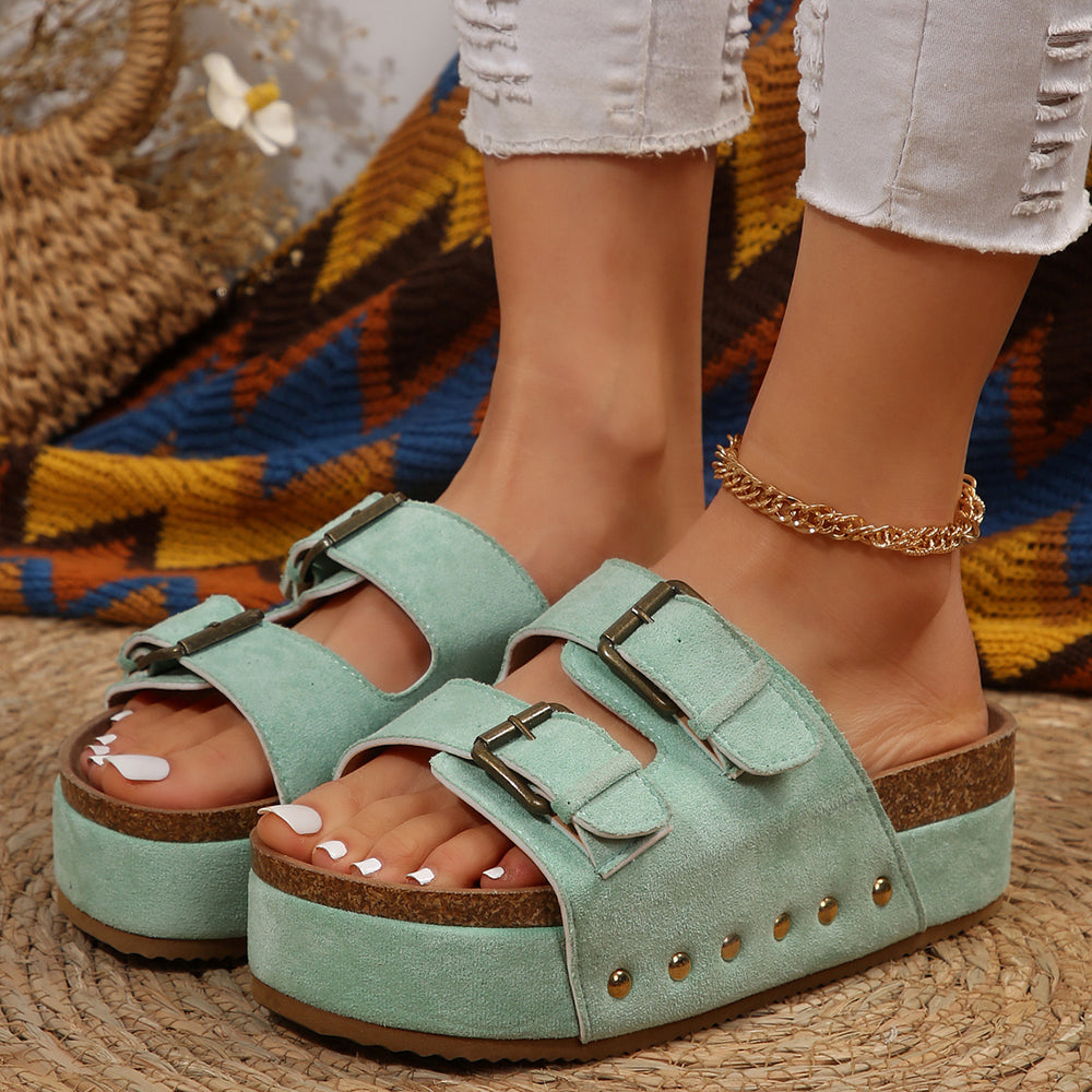 Fashionexportplus sizethick sole birkenstock rivet flip flops women's cross-border outwear metal buckle platform sole sandals