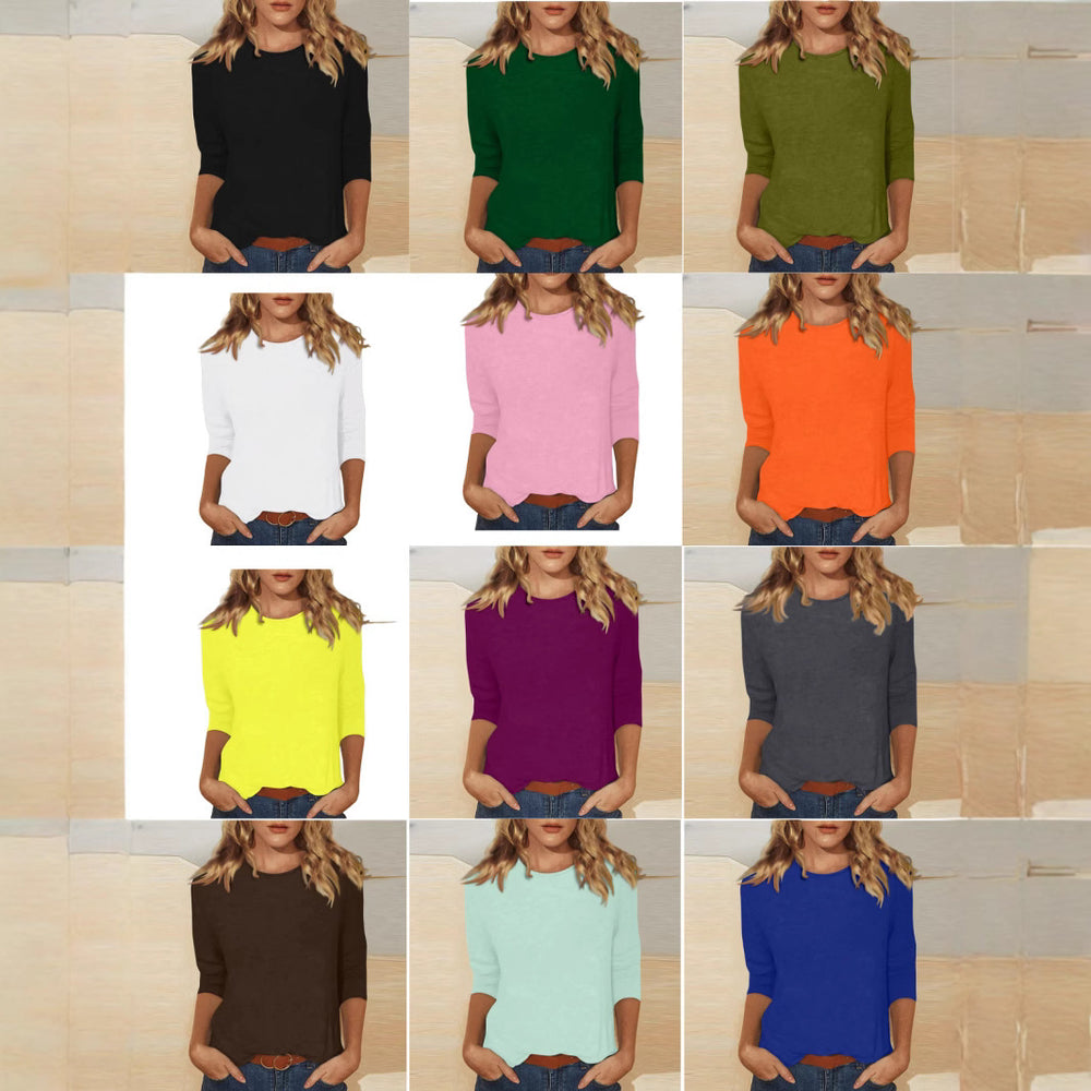 new women's crew neck t-shirt with 3/4 sleeves - solid color top for cross-border  sales