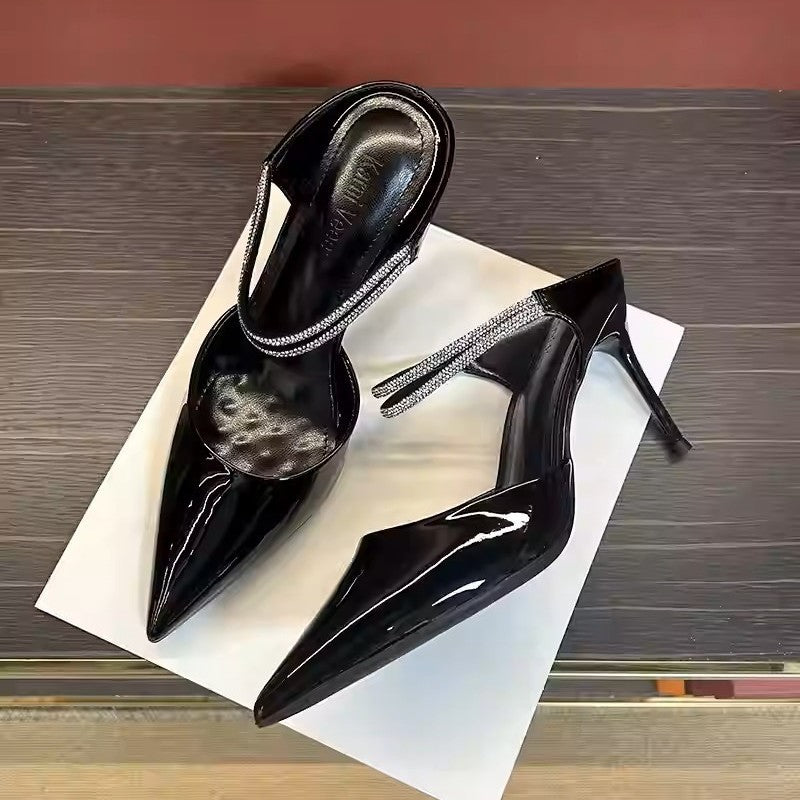 2026autumnew arrival pointed toe diamond strap high heels stiletto women's royal sister elegantoutwearsexy toe cap cool half slippers