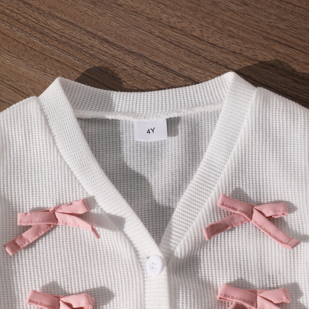Girls' two-piece set: pink shirt dress + bow-embellished vest