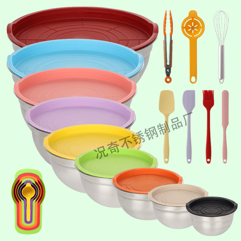 thickened stainless steel salad basin non-slip silicone bottom mixing egg bowl salad cooking basin baking egg bowl