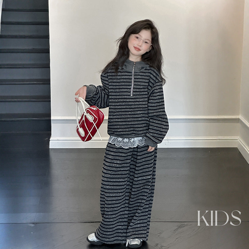 Girls'  autumn striped hoodie set: stylish hooded sweatshirt and wide-leg pants two-piece outfit for big girls