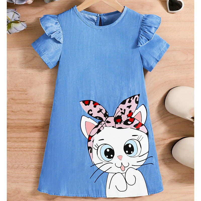 summer cute girls' dress -  wholesale - blue cartoon cat pattern flutter sleeve girl's dress