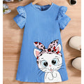 summer cute girls' dress -  wholesale - blue cartoon cat pattern flutter sleeve girl's dress