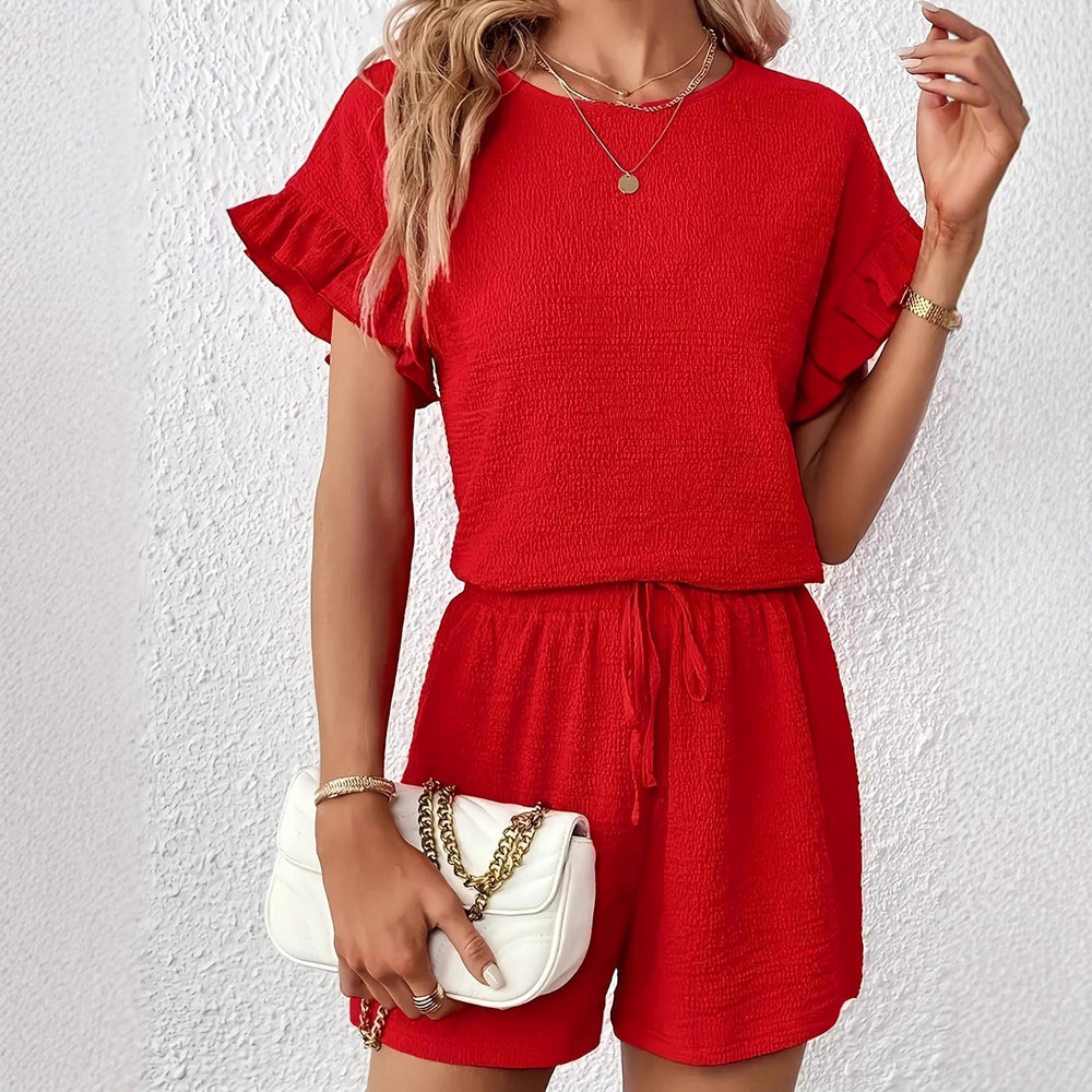 european and american women's fashion: summer round neck short sleeve top and shorts set - perfect for , , and  - chic and commute-friendly