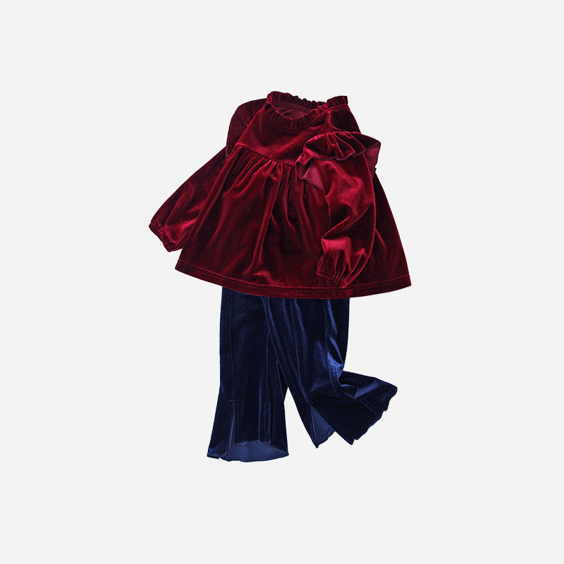 Girls' clothing  new retro autumn collection: burgundy lace long-sleeve princess outfit for girls