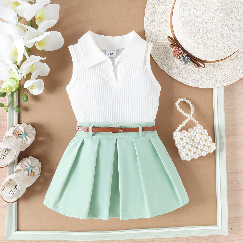 cross-border spring/summer new arrivals: girls' trendy sleeveless ribbed top with pleated skirt and belt set (sizes for toddlers and young children)