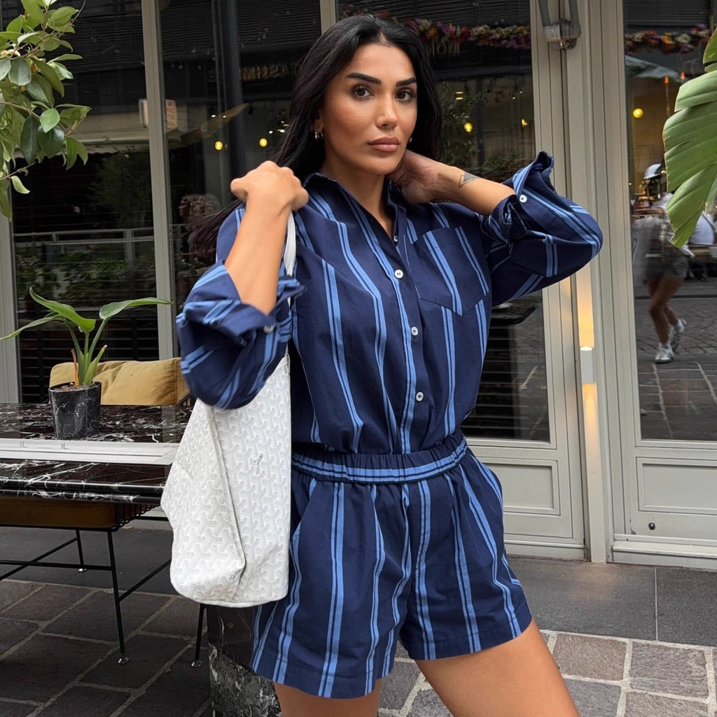 Cross-border European and American suits women's long-sleeved lapel cardigan shirt shorts  new women's clothing foreign style striped two-piece set