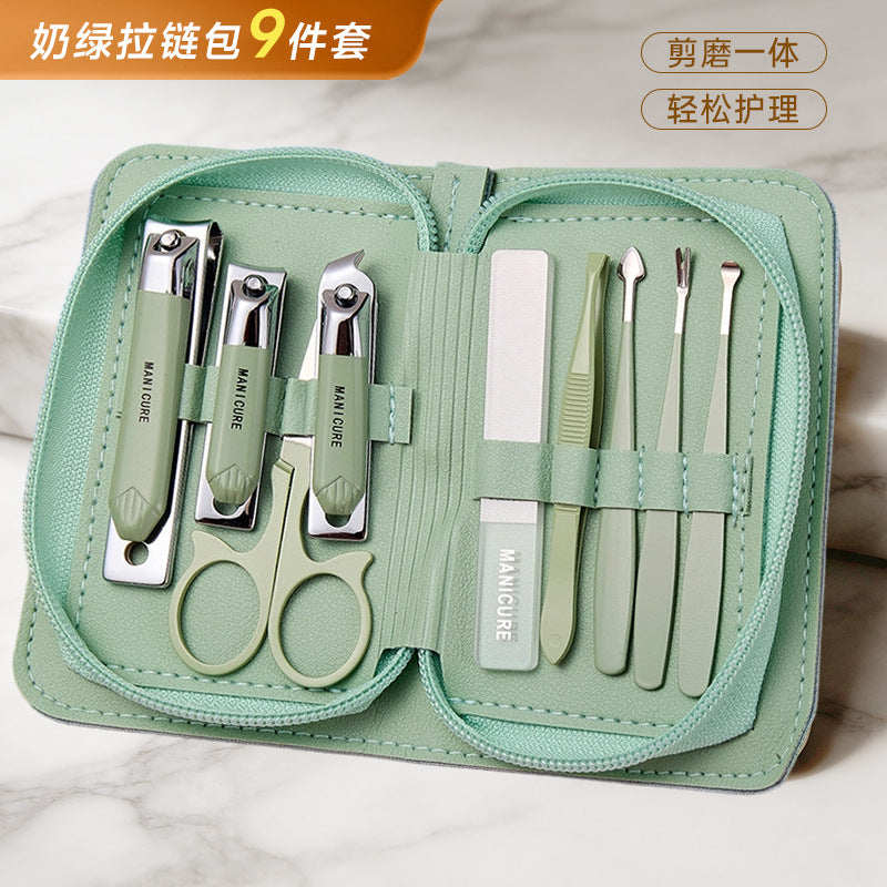 Stainless steel manicure & pedicure tool set - 9 piece kit: includes nail clippers, eyebrow scissors, earwax removal tool, and nail file - wholesale