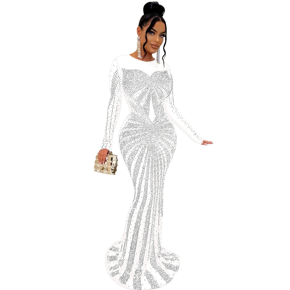 C6198   fashion women's solid color mesh see-through rhinestone long sleeve maxi dress