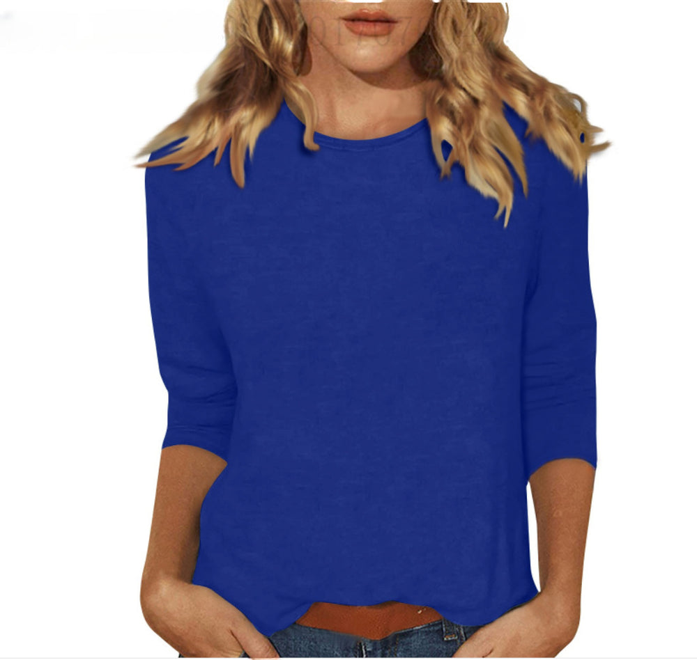 new women's crew neck t-shirt with 3/4 sleeves - solid color top for cross-border  sales