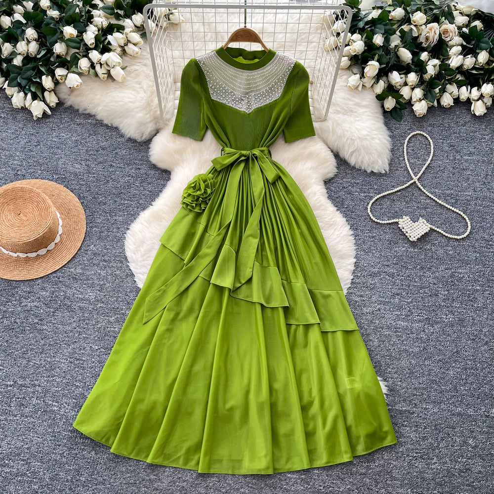 Qianjinfeng heavy industry beading asymmetrical dress women's green mesh patchwork waist slimming look a-line elegant long skirt