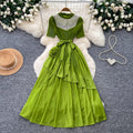 Qianjinfeng heavy industry beading asymmetrical dress women's green mesh patchwork waist slimming look a-line elegant long skirt