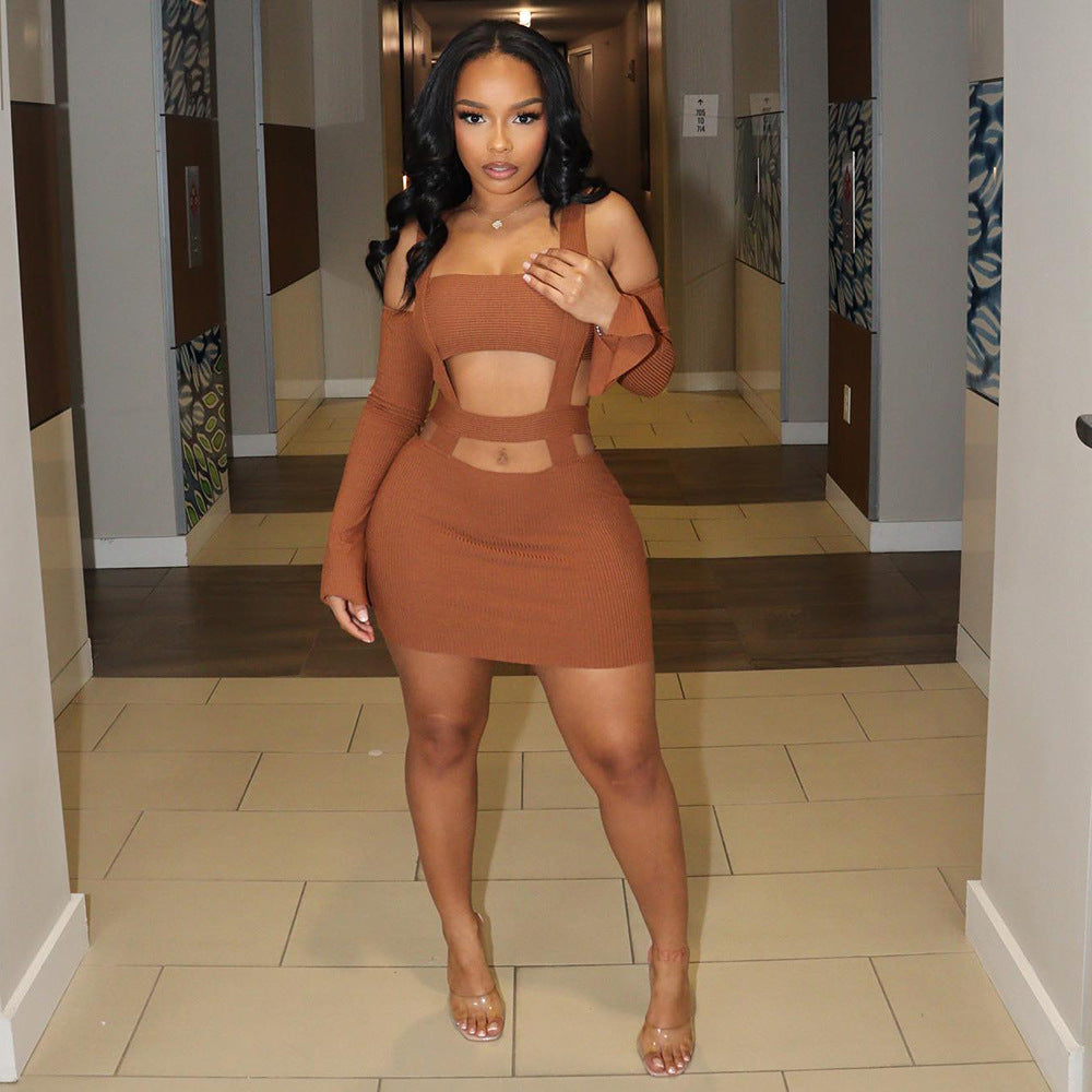European and american cross-border women's fashion:  style sexy hollow-out cropped cami dress with attached sleeves and bodycon skirt