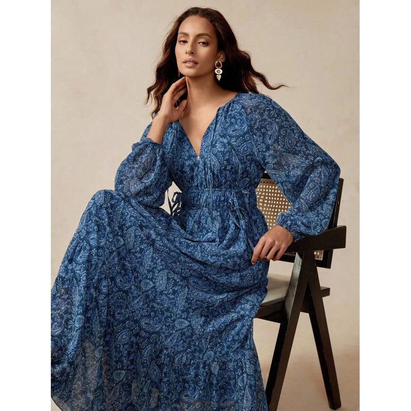 fashion bohemia retro printing loose a-line elegance lantern sleeve tie backdress women