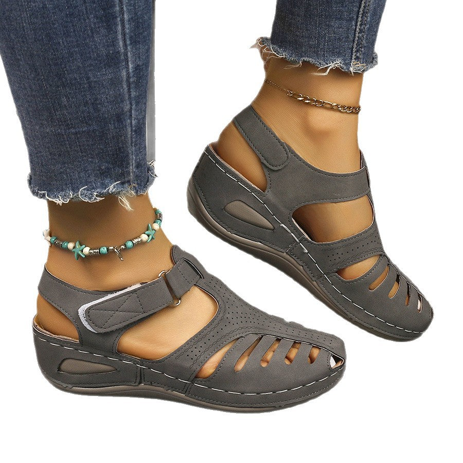 Exportnew arrival2026summer wedge thick sole sandals women's shoes cross-border large size car line wedge toe thick sole sandals