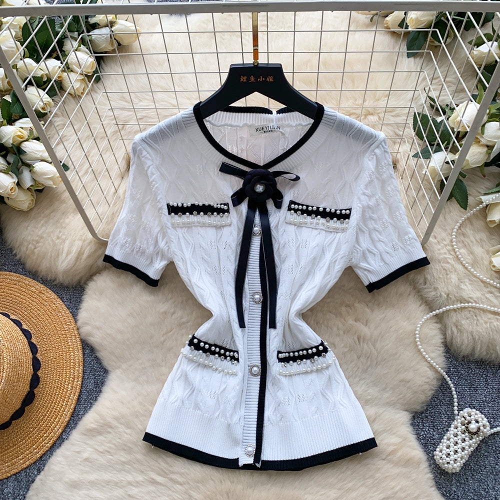 Sweet daughter-in-law style bows beaded short-sleeved knitting shirt for women summercasualcasualelegantslimming looktops