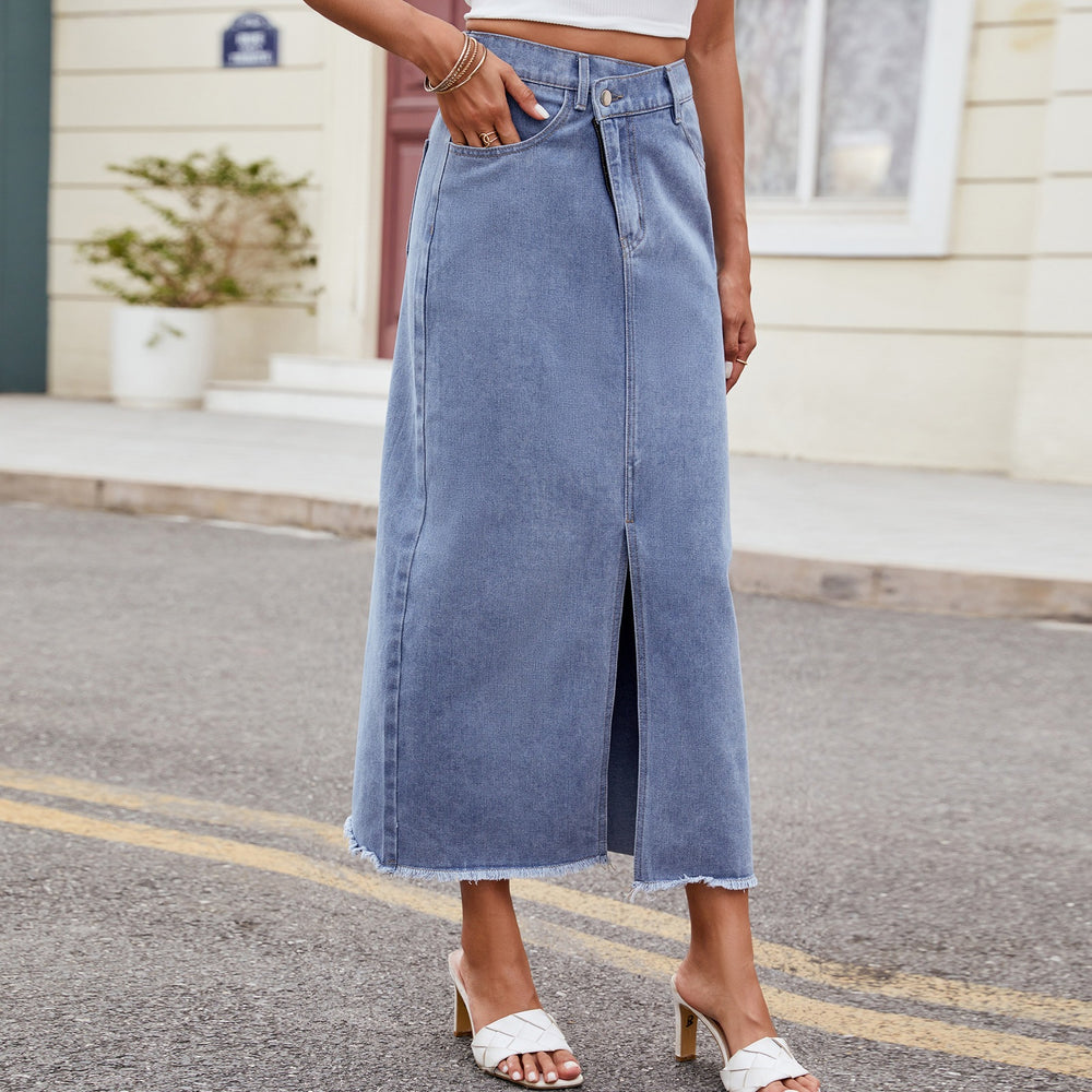 European and american cross-border e-commerce women's summer new arrivals:   washed asymmetrical denim slit maxi skirt