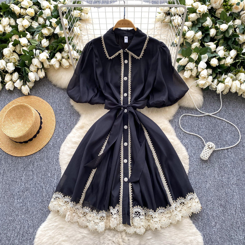 summer women's vintage-inspired court style dress: exquisite lace patchwork, tie-waist, lantern sleeves, and mesh overlay