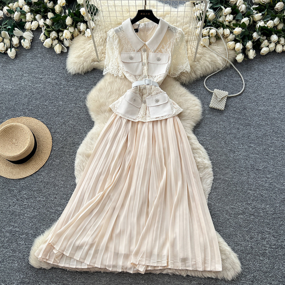 French chic red lapel lace patchwork dress - women's summer high-end commute elegance pleated skirt