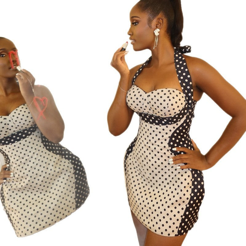 Fashion style export black and white color matching women's clothing design street hip skirt sexy halter neck wrap chest slimming dress trendy