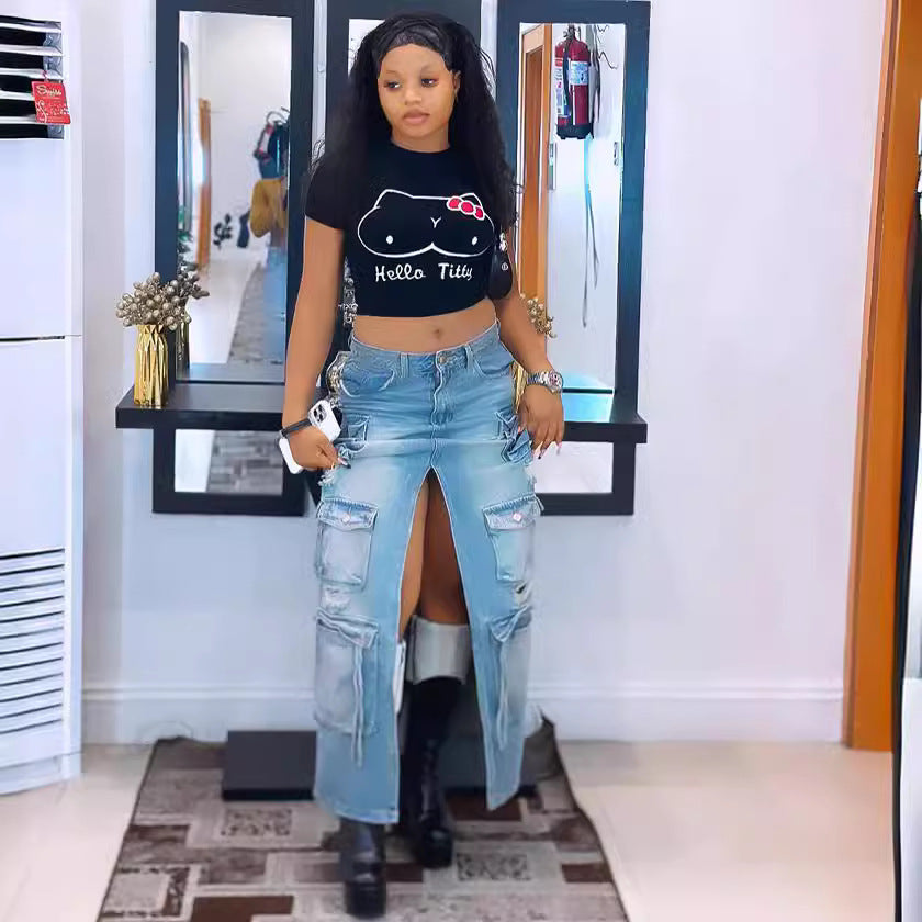 European and american style slit skirt  cross-border women's clothing fashionstylish multi-pocket hole high waist denim skirt