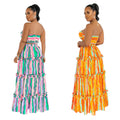 X6646 cross-border   fashion women's sleeveless bandeau striped print maxi dress two-piece set